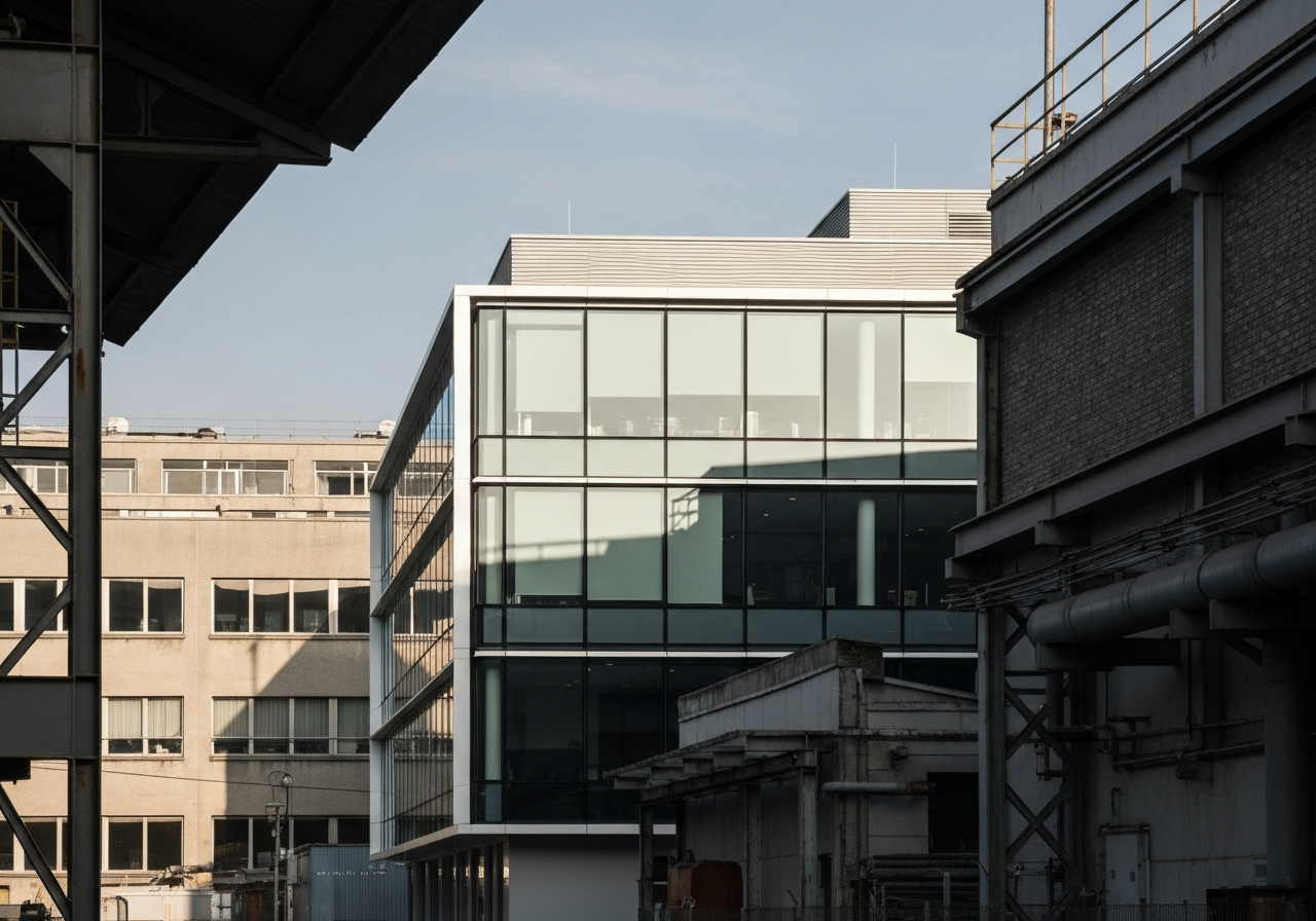 A professional modern office building facade with clear signage in an industrial area, soft natural light, editorial photography style, 85mm lens, high resolution, no text, no words, no letters