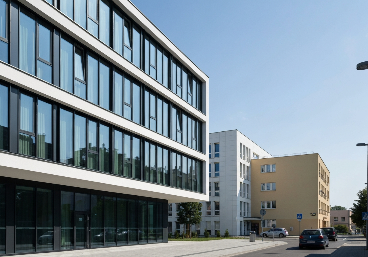 Exterior of a modern Czech post office building in Ostrava, urban surroundings, clean architectural lines, bright daylight, professional editorial photography, 85mm lens, no text, no words, no letters.