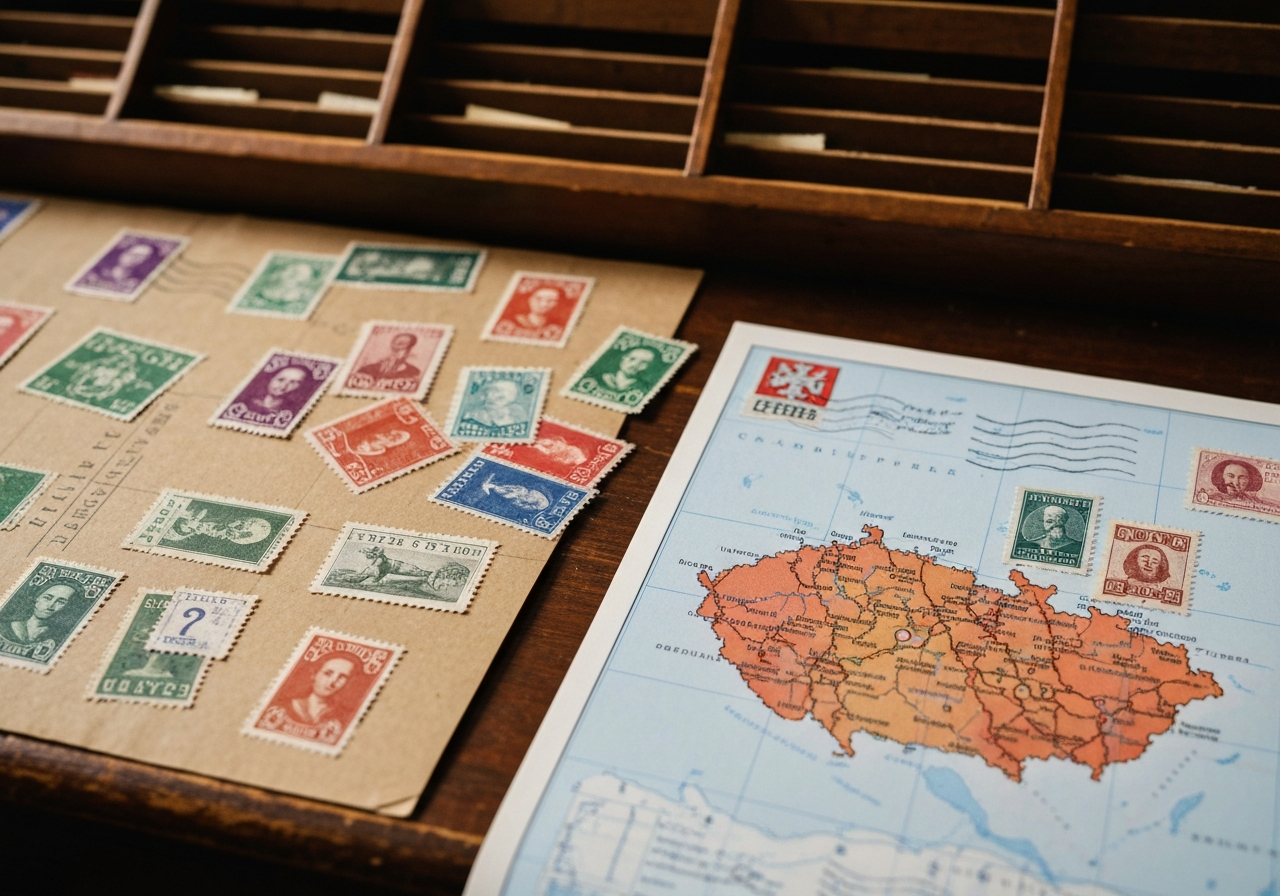 A close-up, high-quality editorial shot of an vintage analog sorting office desk with historical mail stamps and a modern map of the Czech Republic, soft natural light, depth of field, 85mm lens, minimalist aesthetic, no text, no words, no letters.