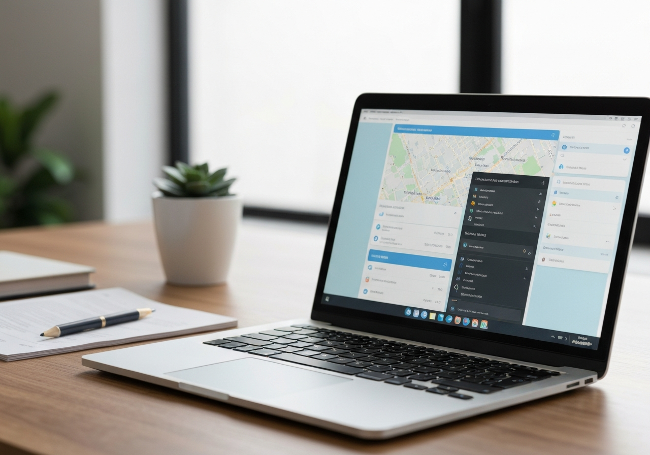 A professional, clean desktop workspace featuring a modern laptop screen displaying a detailed map and search interface, soft natural light, depth of field, premium editorial style, 85mm lens, no text, no words, no letters.