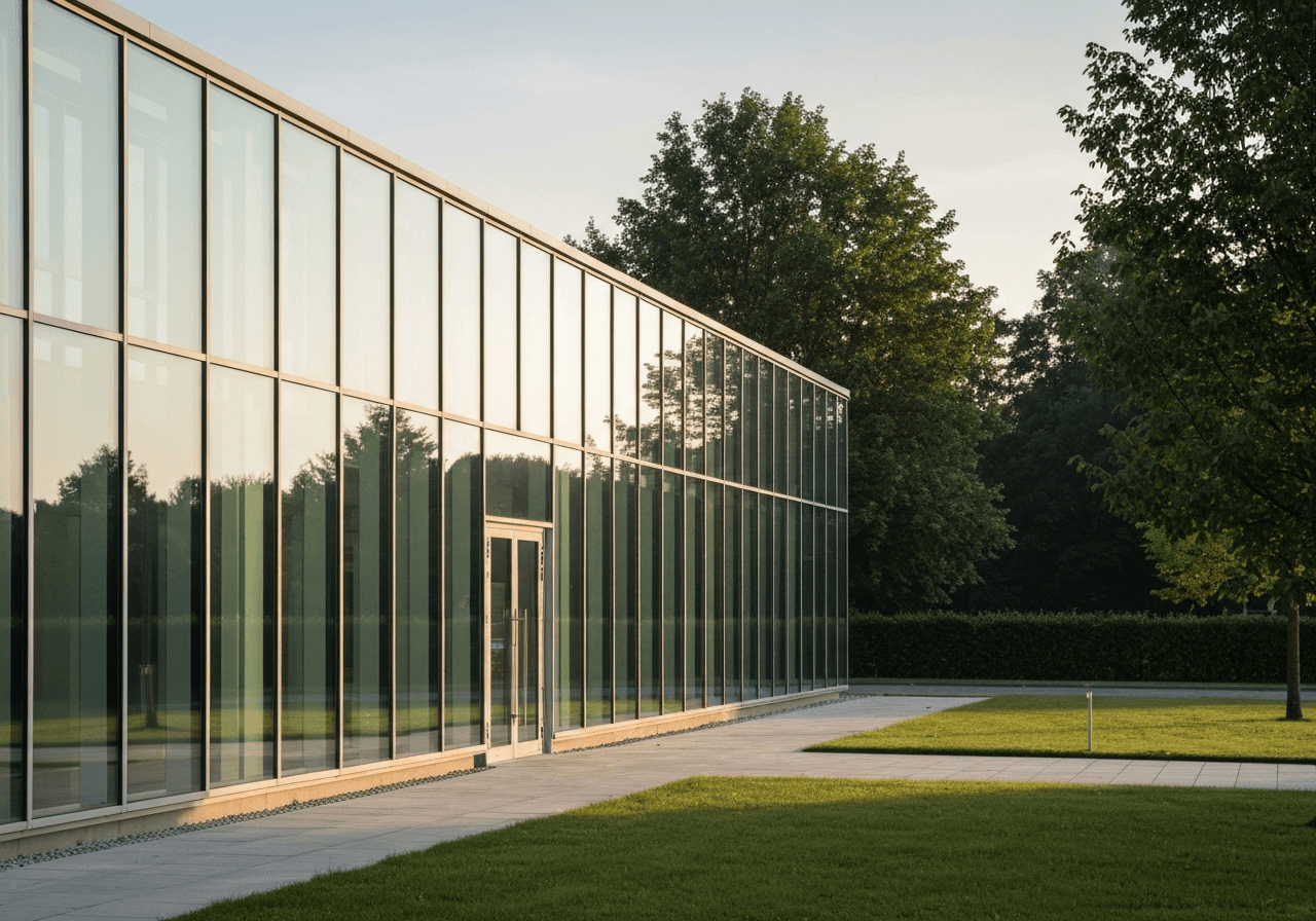 PSČ Vestec: Rychlý přehled pro rok 2026 (Zjistíte hned) 2 A modern, minimalist glass post office building exterior in a scenic suburban environment, clean architectural design, soft natural morning sunlight, 85mm lens, professional editorial photography style, no text, no words, no letters.