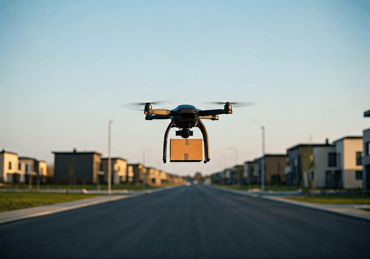 PSČ Vestec: Rychlý přehled pro rok 2026 (Zjistíte hned) 3 A professional logistics delivery drone carrying a parcel hovering above a modern residential street in Vestec, suburban landscape, editorial photography, soft natural morning light, 85mm lens, high quality, no text, no words, no letters