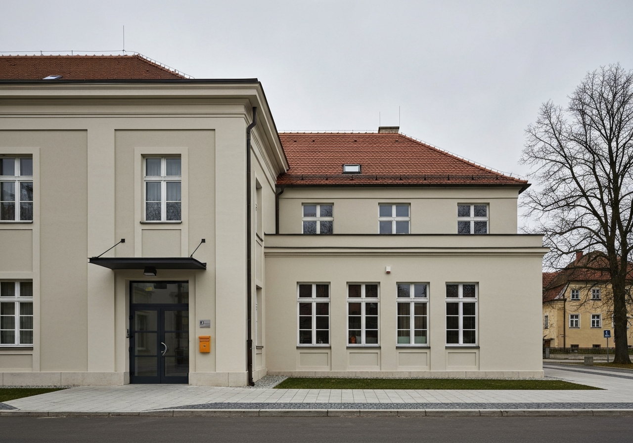 Pošta Litvínov: Jak se vyhnout frontám? (Návod) 2 Editorial photography, modern building exterior of a historic post office in Litvínov, clean architecture, soft natural light, 85mm lens, high resolution, professional composition, no text, no words, no letters