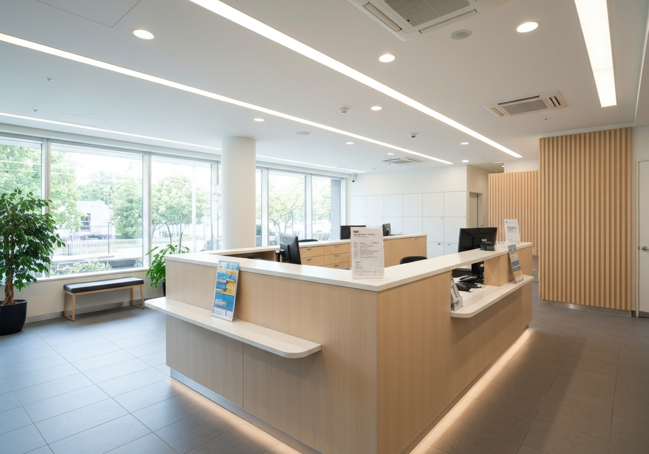 Pošta Litvínov: Jak se vyhnout frontám? (Návod) 3 A clean, modern interior of a post office branch with minimalist design, soft natural lighting through windows, calm atmosphere, professional service desk in the background, editorial photography, 85mm lens, high quality, no text, no letters