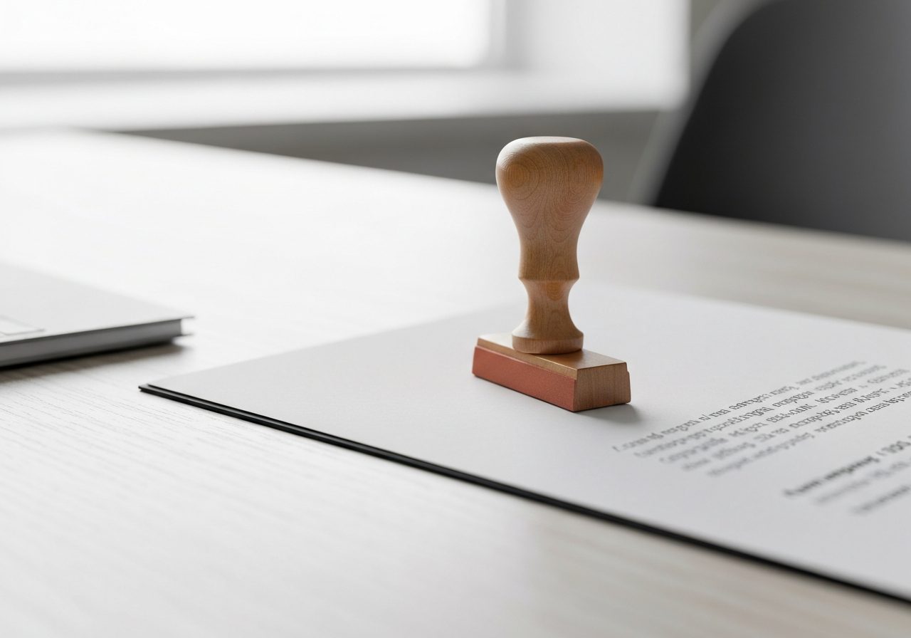 A close-up of a high-quality rubber seal stamp on a document resting on a clean wooden desk, modern administrative office environment, soft natural light, shallow depth of field, 85mm lens, professional atmosphere, no text, no words, no letters