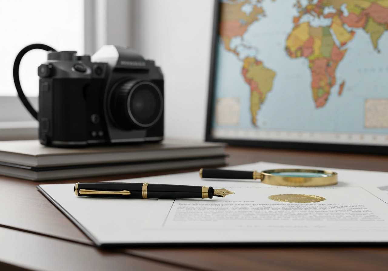 A professional desk setting featuring a high-quality fountain pen, a crisp official document with a gold seal, a magnifying glass, and a blurred international map in the background, modern editorial style, premium lighting, soft natural light, 85mm lens, highly detailed, no text, no words, no letters