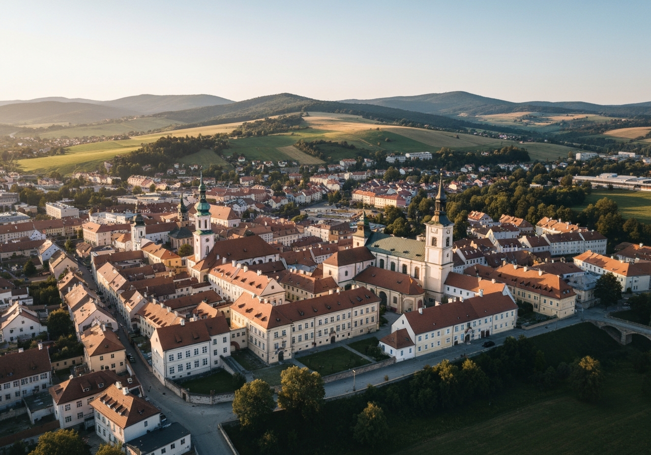 Aerial view of the historic Třebíč cityscape, rolling hills of the Vysočina region in the background, soft golden hour natural light, cinematic editorial style, 85mm lens, highly detailed landscape, no text, no letters