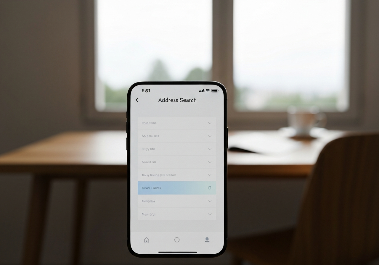 A close-up shot of a smartphone screen displaying a clean, professional address search interface, set against a blurred background of a modern minimalist home office desk, soft natural light, 85mm lens, high quality, no text, no words, no letters.