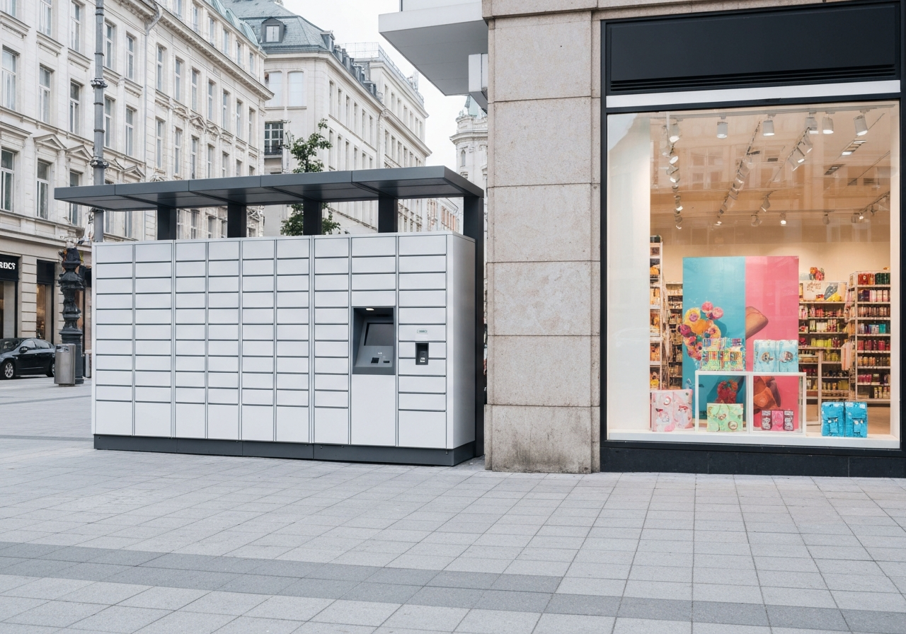 A sleek, modern automated parcel locker station and a nearby retail storefront in a vibrant city square, editorial photography, soft natural light, depth of field, 85mm lens, clean logistics aesthetic, no text, no words, no letters