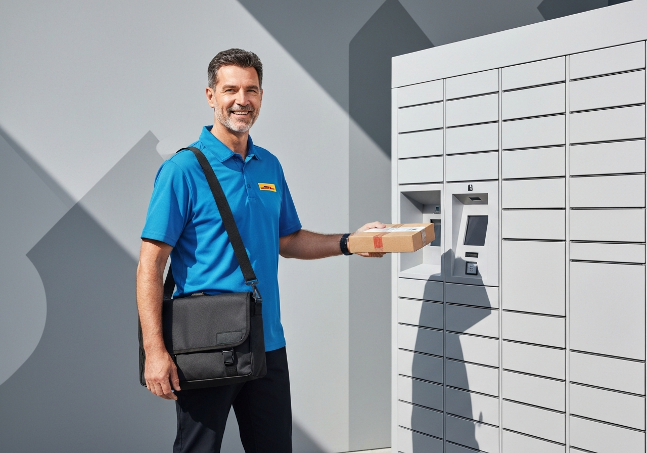 A professional DHL courier delivering a parcel to a modern, automated smart locker system, clean minimalist background, editorial photography, soft natural light, 85mm lens, highly detailed, no text, no words, no letters