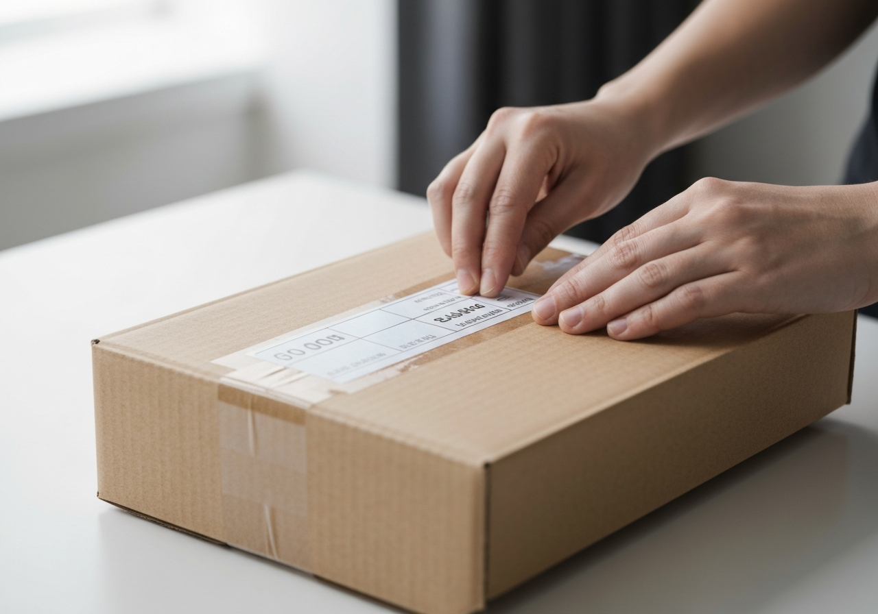 A clean, close-up shot of a cardboard shipping box being professionally labeled with a clear, printed address sticker, modern minimalist workspace, soft natural light, 85mm lens, highly detailed, no text, no words, no letters