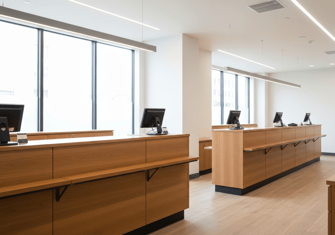 A professional, modern post office interior, clean wooden counters, soft natural light streaming through windows, editorial photography, 85mm lens, minimalist aesthetic, no text, no words, no letters
