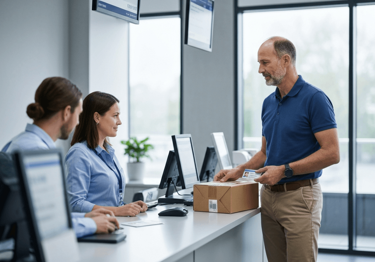 A professional, organized postal counter scene with a person holding a parcel and a valid ID card, clean minimalist office background, editorial photography, soft natural light, 85mm lens, highly detailed, no text, no words, no letters
