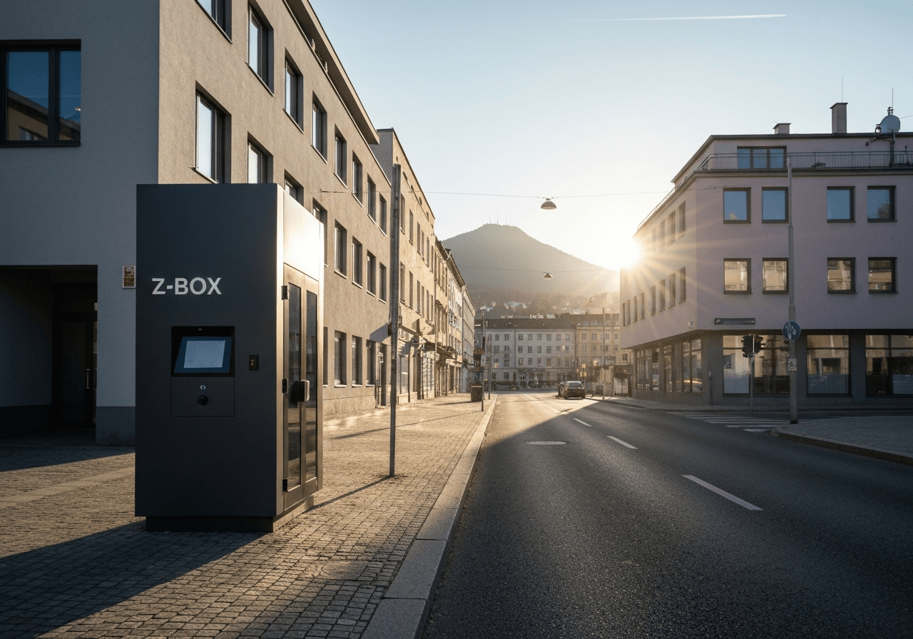 A modern Z-BOX terminal located in a clean, sunlit urban street of Liberec with Ještěd mountain subtly visible in the background, professional editorial photography, soft natural light, 85mm lens, high quality, no text, no words, no letters.