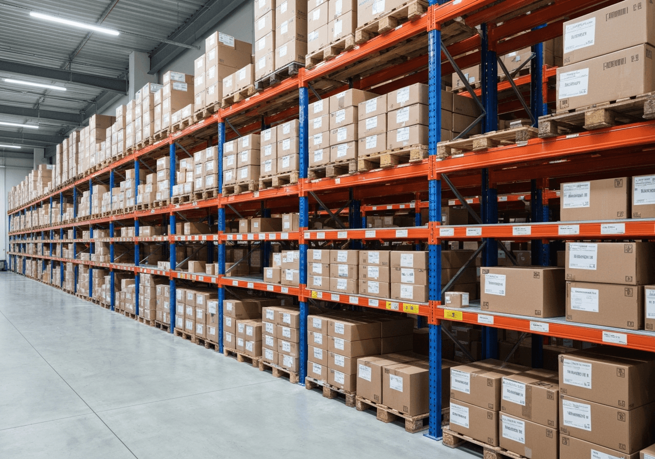 Modern logistics warehouse interior, organized parcels on shelves, clean minimalist design, professional logistics technology, editorial photography, soft natural light, 85mm lens, highly detailed, no text, no words, no letters