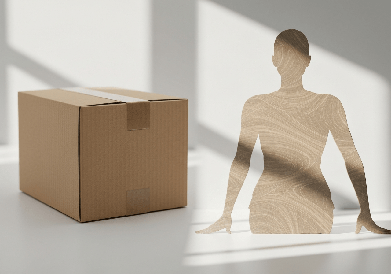 A conceptual split-screen image showing a cardboard delivery parcel on the left and a conceptual abstract silhouette representing mental health on the right, modern minimalist studio background, editorial photography, soft natural light, 85mm lens, highly detailed, no text, no letters