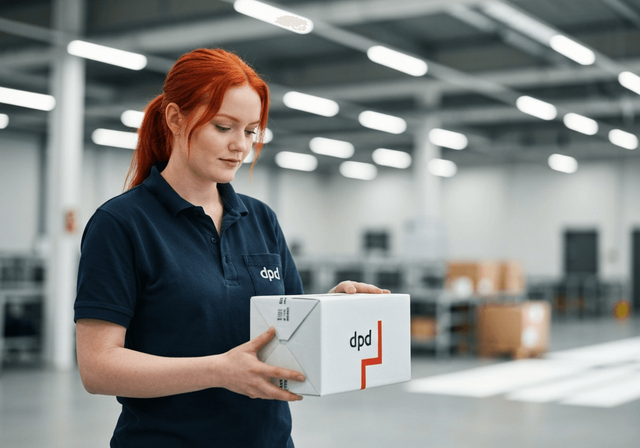 A professional logistics worker handling a branded DPD package in a clean, modern, sunlight-filled distribution hub, editorial photography style, 85mm lens, soft natural lighting, high detail, no text, no words, no letters.