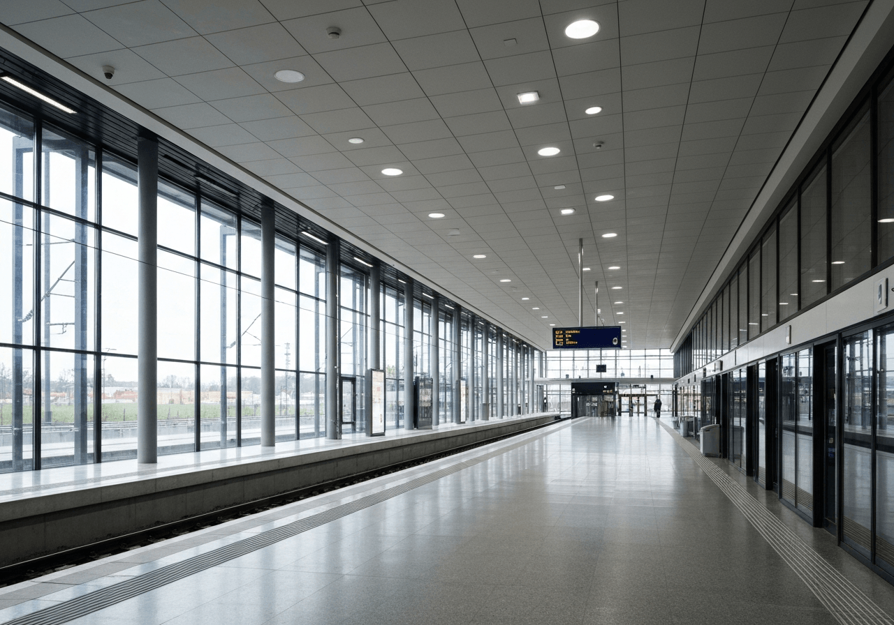 Modern train station hall in Central Europe, architectural detail of Český Těšín station, clean lines, serene atmosphere, editorial photography, soft natural light, 85mm lens, high resolution, no text, no letters