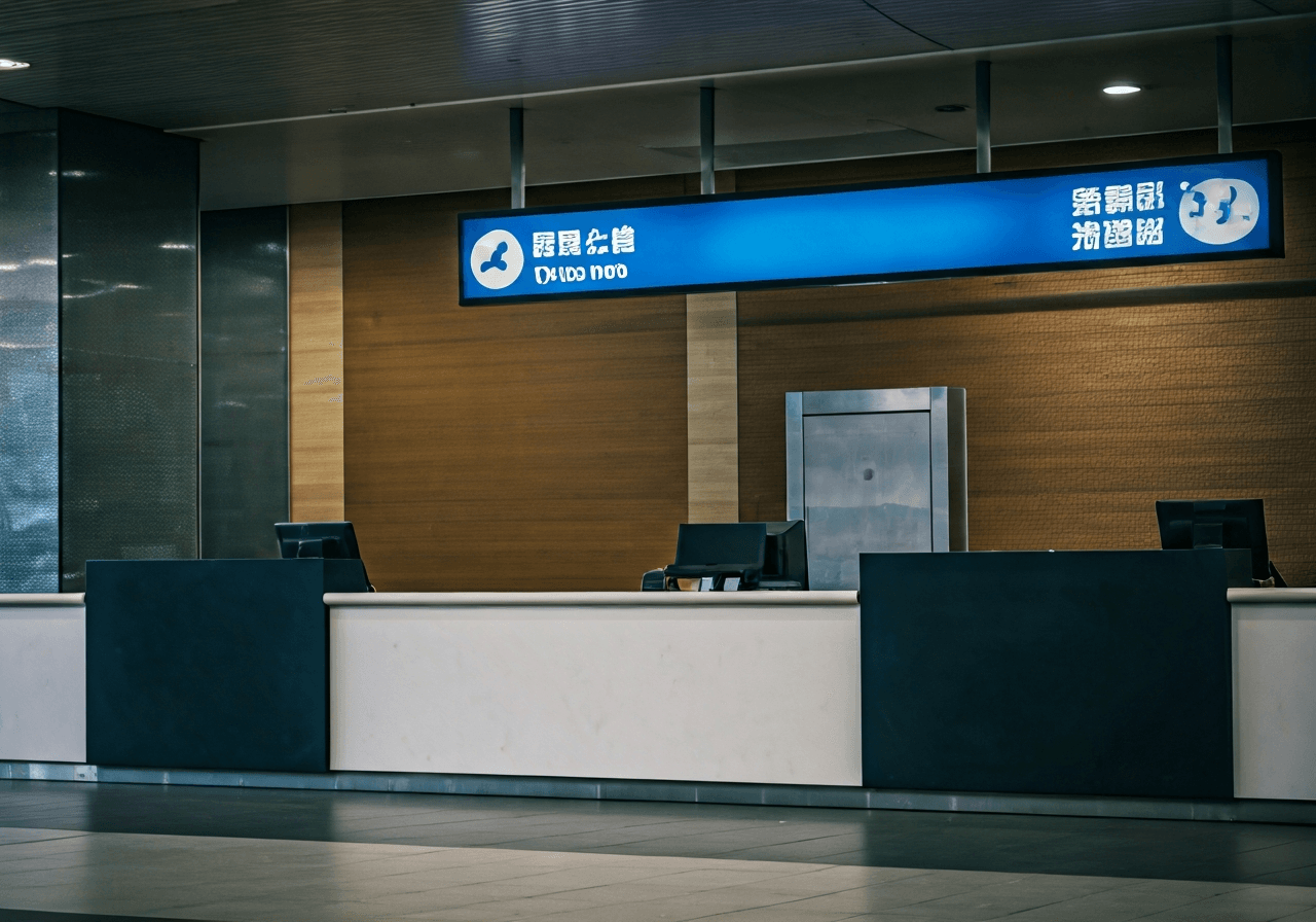 Editorial photography, modern clean train station signage and service counter, soft natural light, 85mm lens, high quality, professional atmosphere, no text, no words, no letters