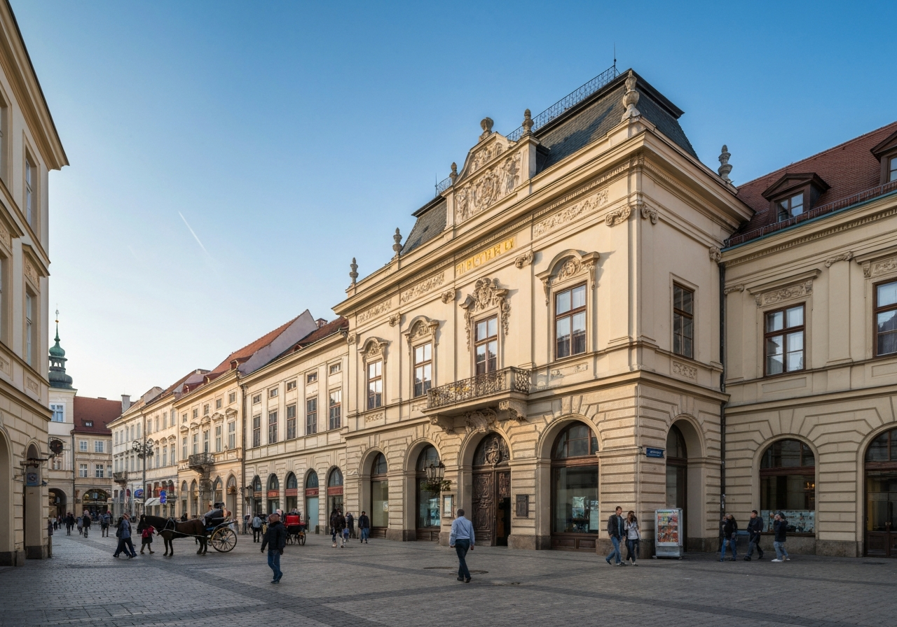 Exterior view of a historic post office building in a central European town square, sunny day, editorial photography, architectural style, soft natural light, 85mm lens, high quality, no text, no letters