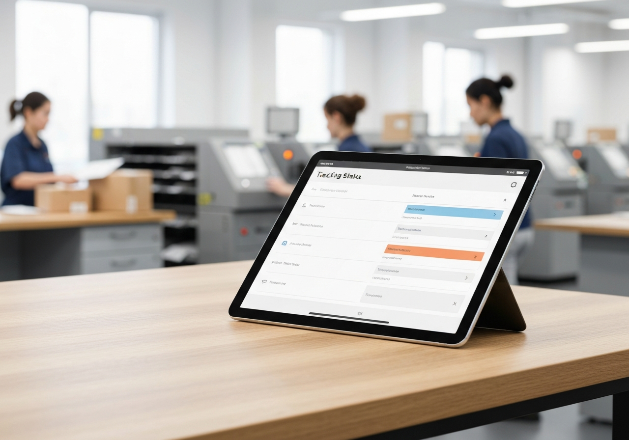 A close-up, high-quality editorial shot of a modern digital tablet displaying a tracking status interface on a clean wooden desk, blurred background of a post office interior, soft natural light, 85mm lens, minimalist aesthetic, no text, no words, no letters.