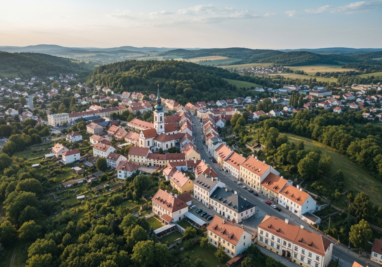 Aerial view of the historical town of Benešov in the Czech Republic, rolling hills of the Central Bohemian region, golden hour soft natural light, editorial photography, 85mm lens, high resolution, no text, no letters