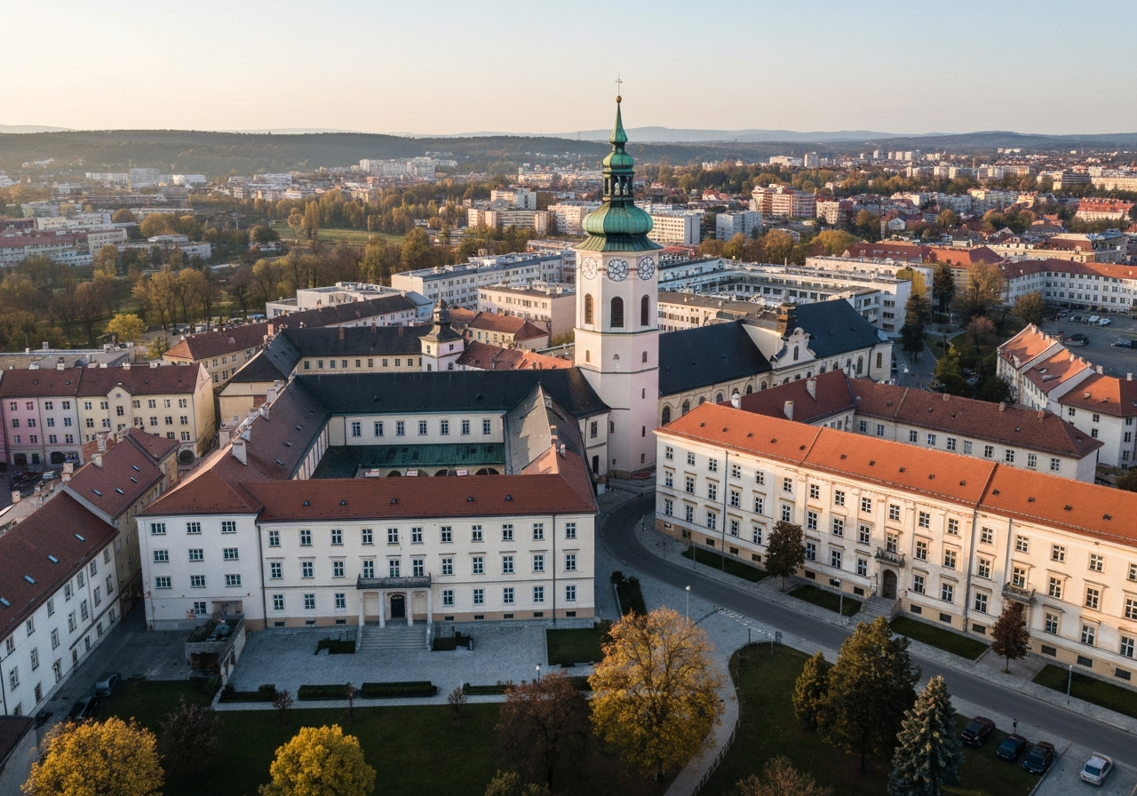 Aerial view of Benešov city architecture and surrounding landscape, modern clean urban layout, editorial photography style, golden hour soft natural light, 85mm lens, high resolution, no text, no words, no letters