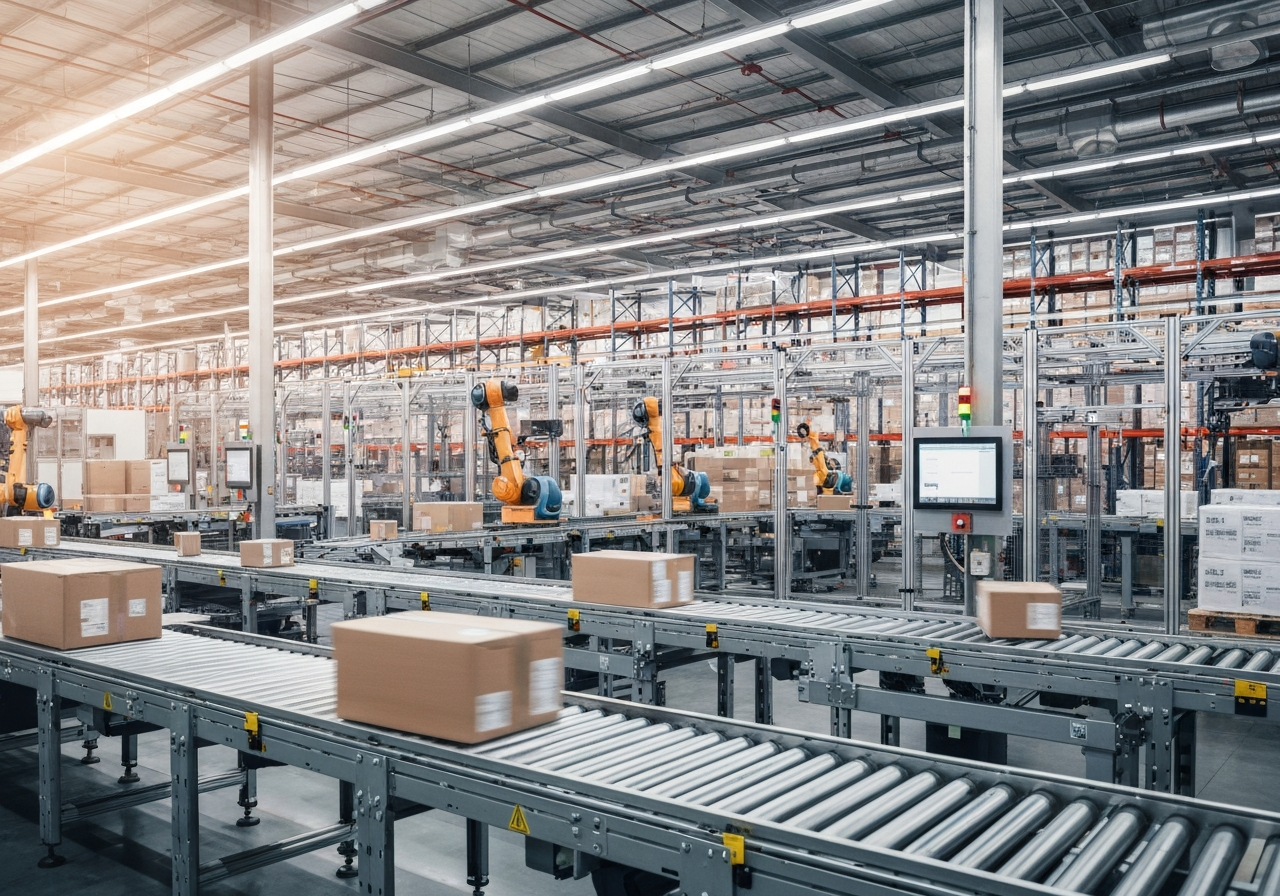 A high-tech warehouse logistics center with glowing digital interface overlays on packages, modern, clean, editorial photography, soft natural light, 85mm lens, highly detailed, no text, no words, no letters