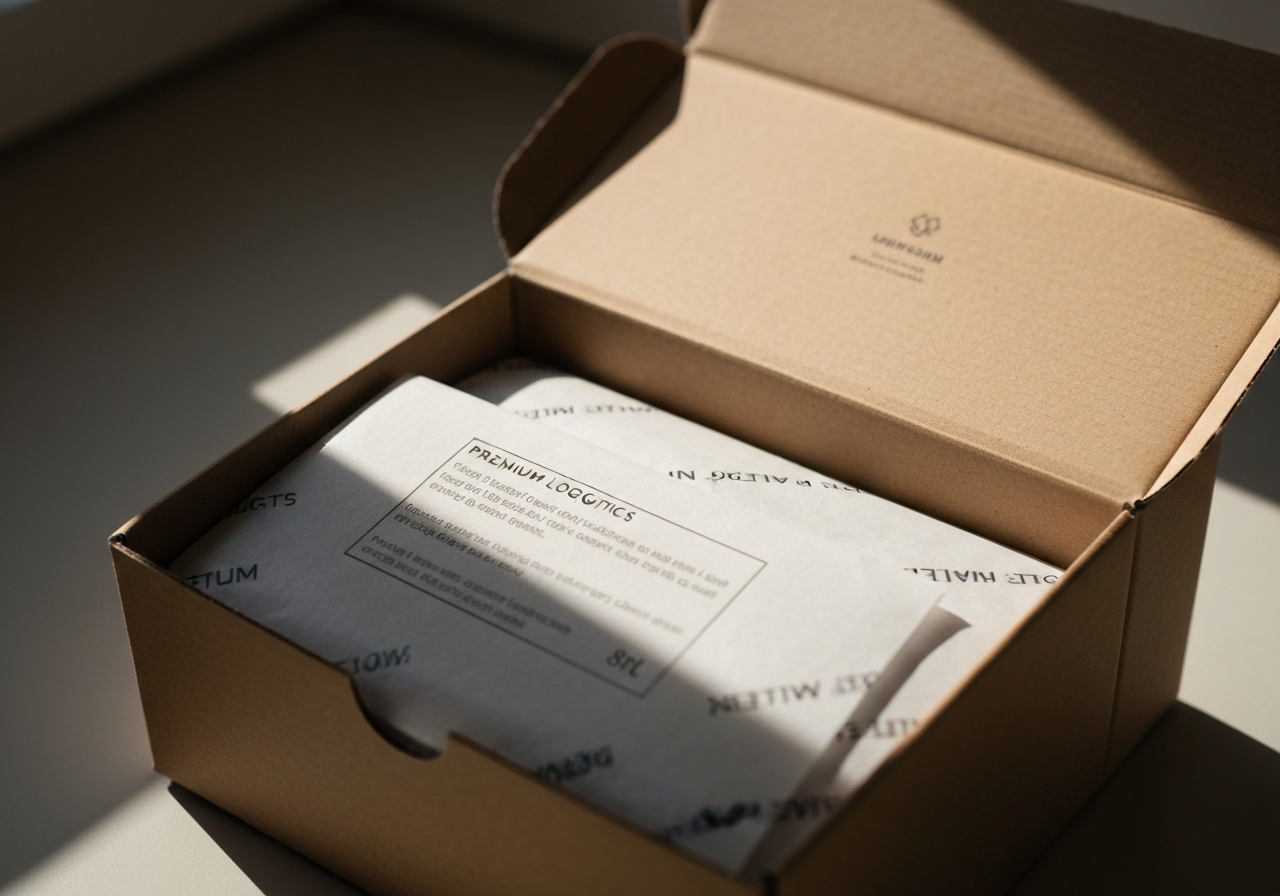 Editorial photography, close-up of a premium e-commerce package being opened, custom branded inner tissue paper and high-quality logistics label, clean minimalist aesthetic, soft natural sunlight, 85mm lens, high resolution, no text, no words, no letters