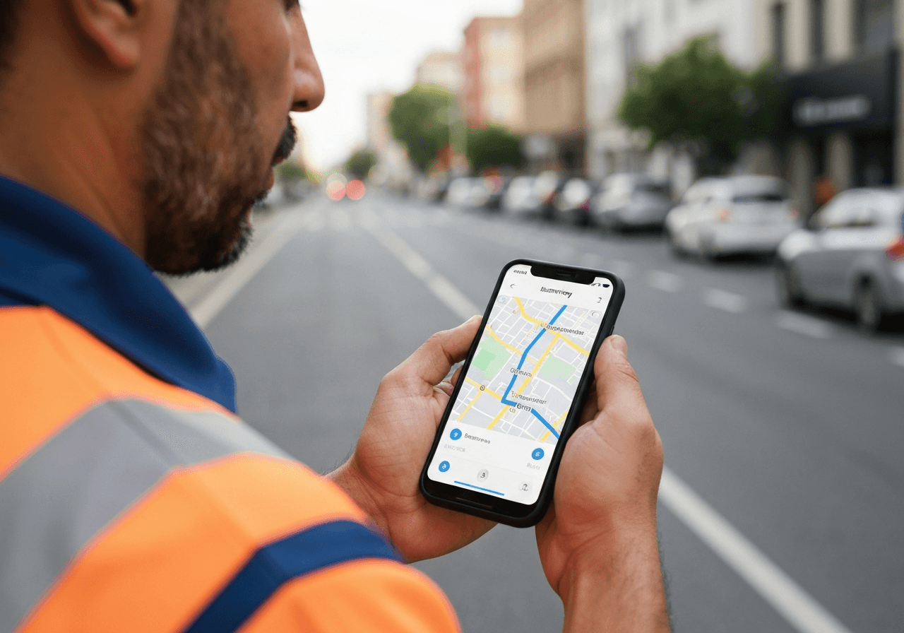 A professional logistics delivery driver holding a modern smartphone displaying a clear, interactive map interface in a bright, urban street setting, editorial photography, clean and modern aesthetic, soft natural daylight, 85mm lens, highly detailed, no text, no words, no letters
