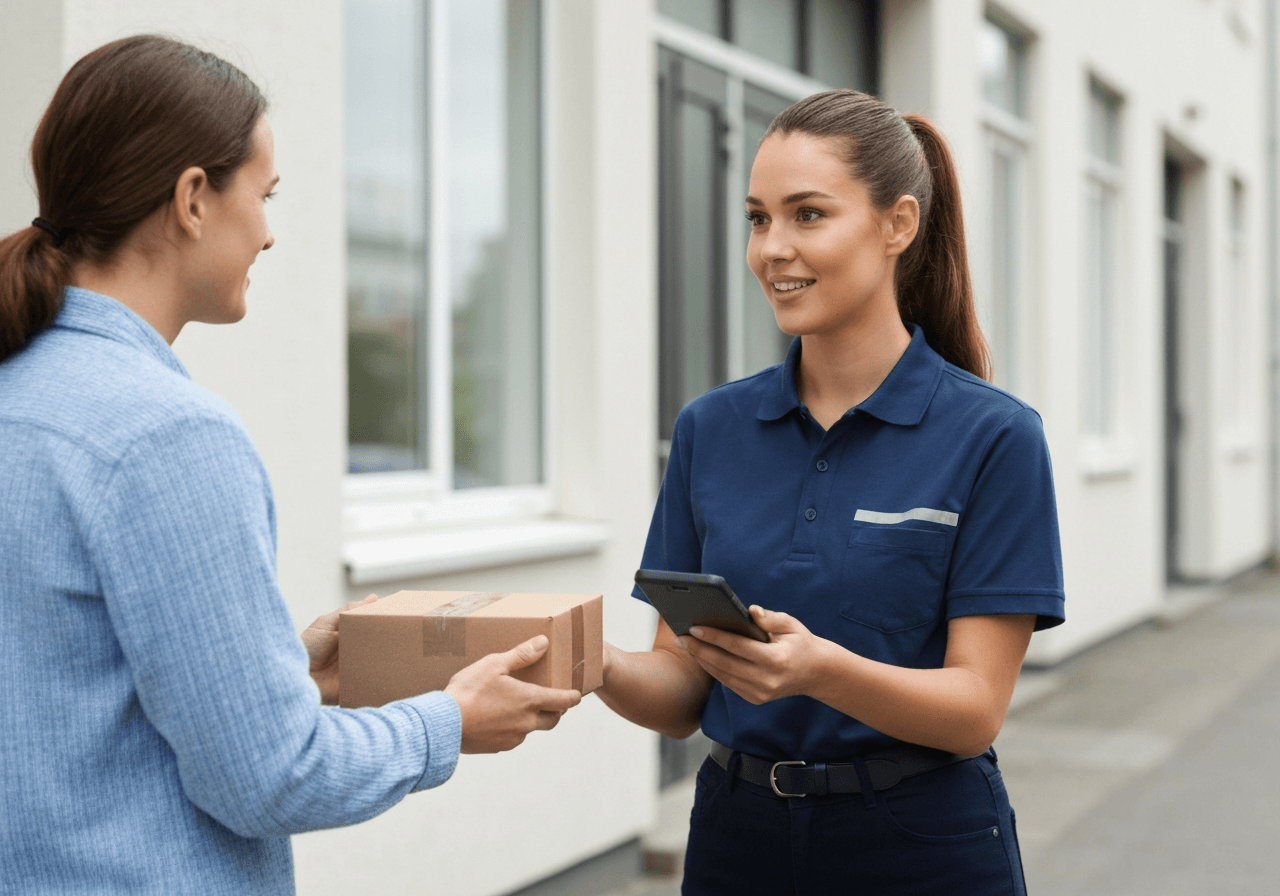 A professional courier in a modern uniform handing over a package to a client, holding a sleek mobile payment terminal, clean urban residential background, editorial photography, soft natural light, 85mm lens, highly detailed, no text, no words, no letters