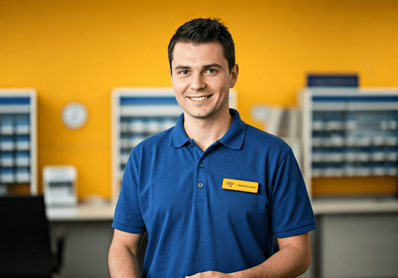 A professional postal worker in a modern, organized Czech post office branch, clean aesthetic, blurred interior, soft natural light, 85mm lens, premium quality, no text, no words, no letters.