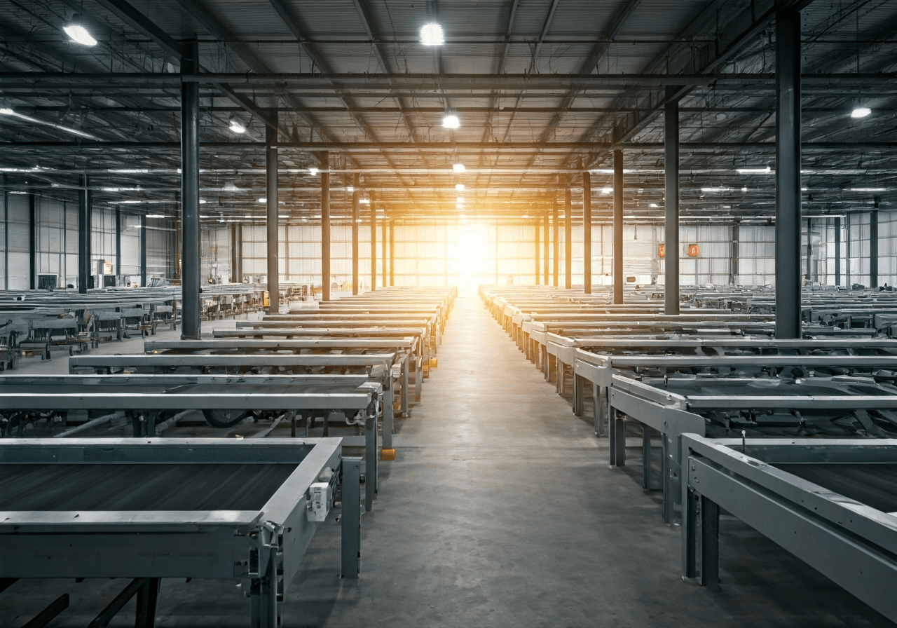 Modern professional logistics center interior, high-tech sorting facility in Brno, clean industrial aesthetics, soft natural morning light, professional editorial photography, 85mm lens, high detail, no text, no words, no letters
