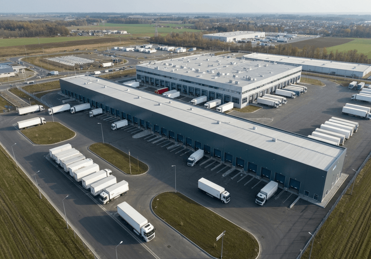 Aerial view of a modern high-tech logistics hub in Nehvizdy with many delivery trucks, clean industrial aesthetic, editorial photography, soft natural light, 85mm lens, sharp focus, no text, no words, no letters