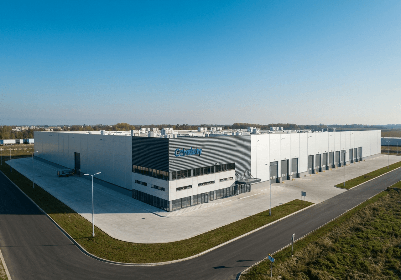 Aerial view of a modern industrial logistics depot in Nehvizdy, clean architectural lines, sunny day, professional editorial photography, soft natural light, 85mm lens, high resolution, no text, no letters