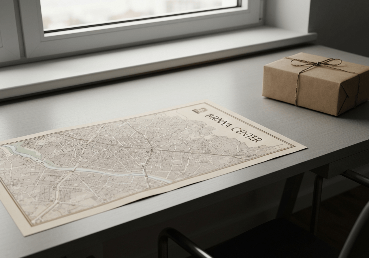 A high-angle close-up shot of a modern, clean desk in Brno with a vintage map of the city center and a parcel, soft natural light, editorial photography, 85mm lens, highly detailed, no text, no words, no letters