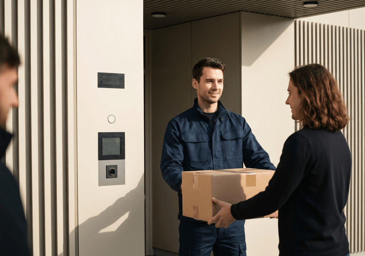 A professional delivery person handing over a cardboard parcel at a modern, minimalist urban pick-up point in Brno, soft natural sunlight, cinematic editorial photography, 85mm lens, high quality, no text, no letters.