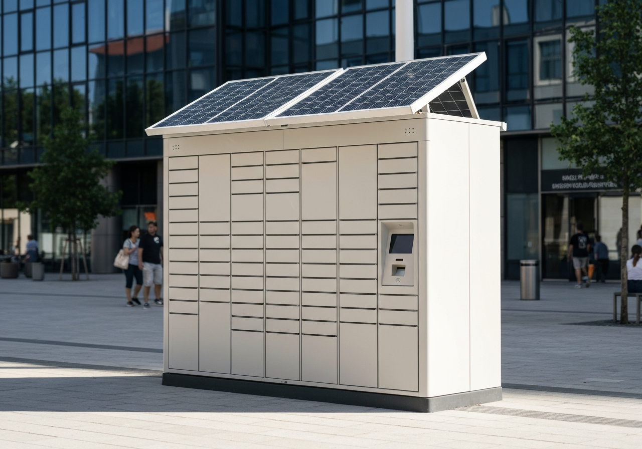 A sleek, modern automated parcel locker unit situated in an urban public space, solar panels visible on the roof, editorial photography, soft natural light, depth of field, 85mm lens, no text, no words, no letters.