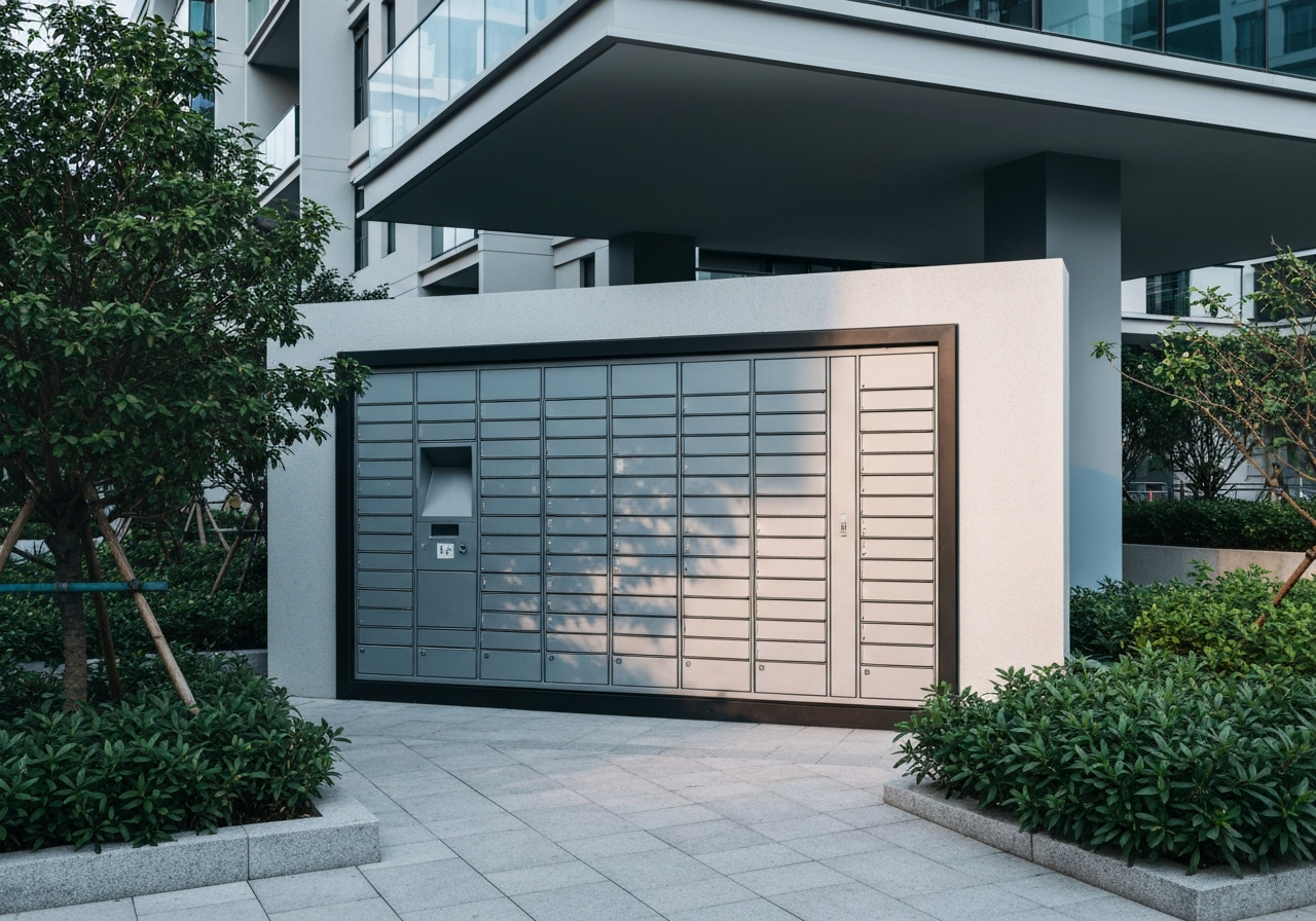 A wide-angle editorial shot of a sleek, minimalist parcel locker integrated into a modern residential plaza, surrounding greenery, soft natural morning light, architectural photography, 85mm lens, neutral tones, high resolution, no text, no words, no letters.
