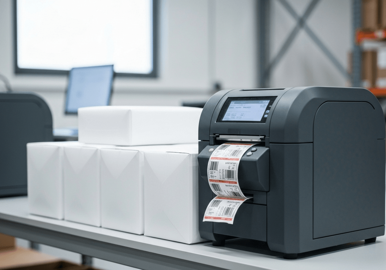 A clean, modern warehouse shipping station focusing on a high-precision label printer, soft natural light reflecting on professional packaging, editorial style, shallow depth of field, 85mm lens, no text, no words, no letters.