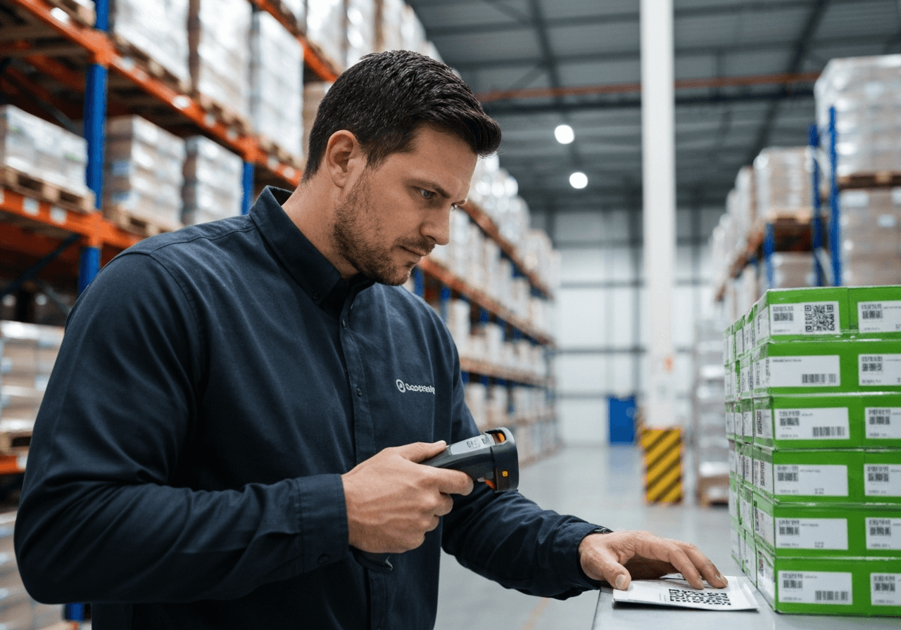 A professional warehouse operator scanning a QR code on a product label using a handheld wireless scanner, clean industrial environment, high-tech logistics aesthetic, soft natural light, shallow depth of field, 85mm lens, no text, no words, no letters.