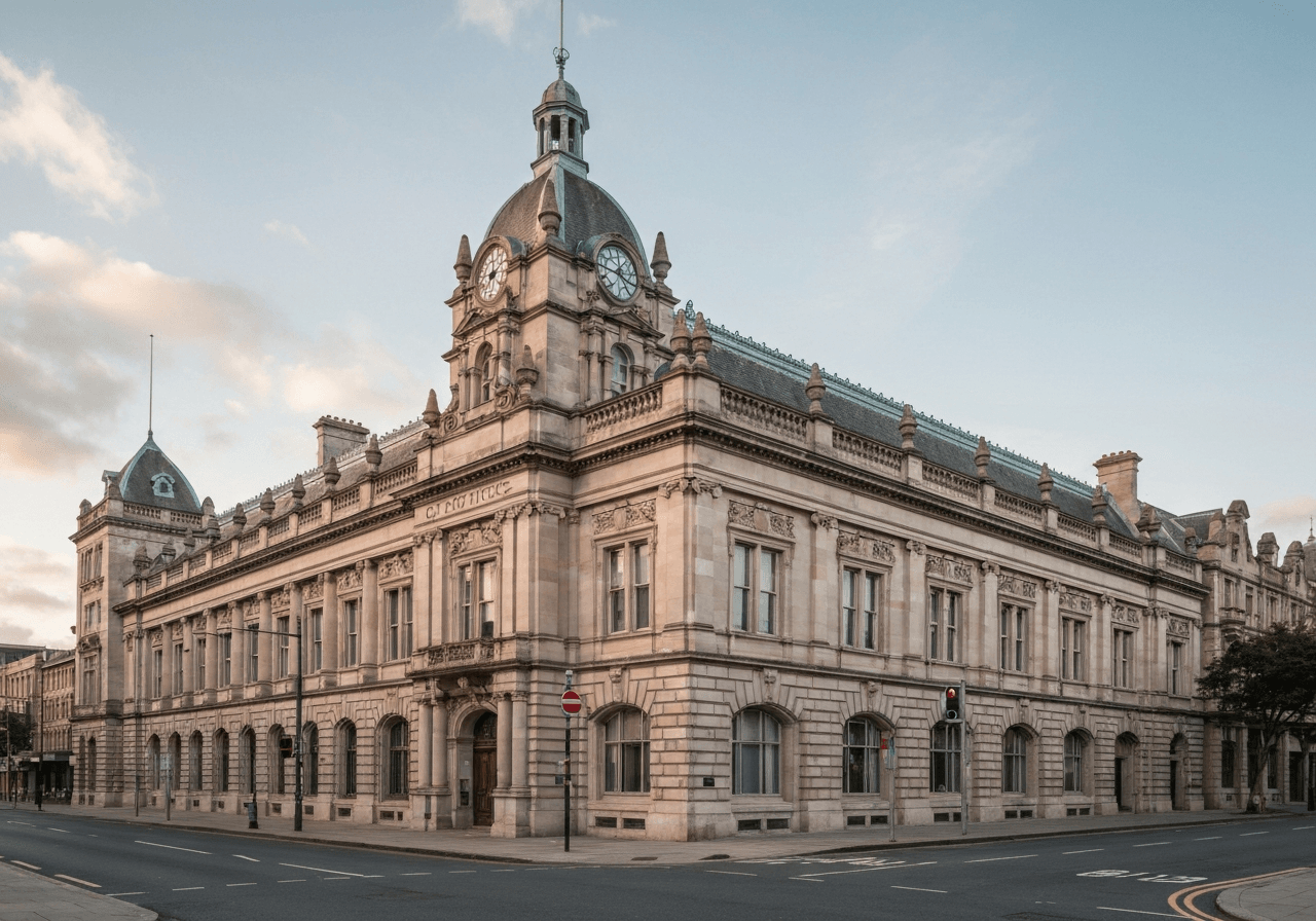A wide-angle editorial shot of a historic post office building facade in Rožnov pod Radhoštěm, clean street view, soft natural daylight, 85mm lens, high resolution, no text, no words, no letters.