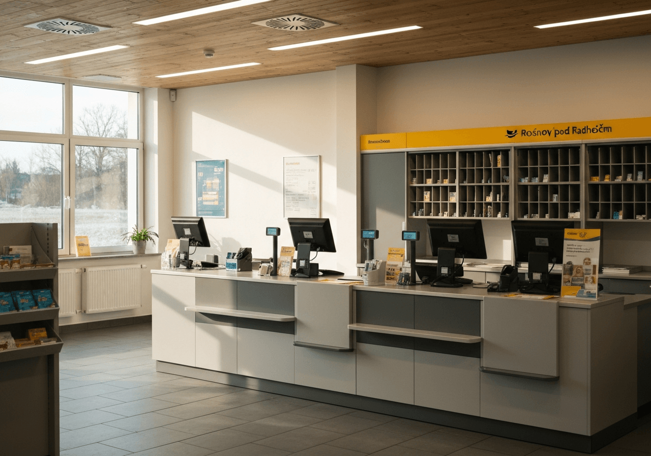 A professional, modern post office interior in Rožnov pod Radhoštěm, clean minimalist aesthetic, focus on a organized parcel pickup counter, soft natural morning light, cinematic editorial style, 85mm lens, high detail, no text, no words, no letters.