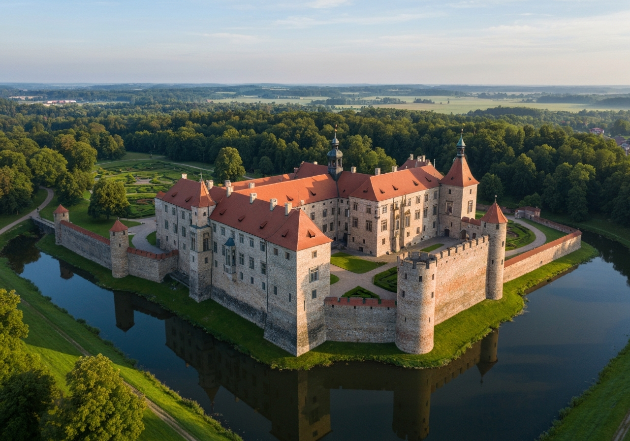 Aerial wide shot of Blatná Castle surrounded by its water moat and lush gardens, soft natural morning light, cinematic editorial style, 85mm lens, highly detailed, no text, no letters