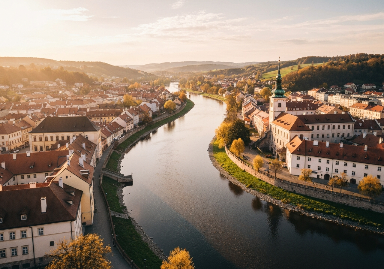 Aerial view of the Sázava river and town landscape in Czech Republic, soft golden hour sunlight, architectural photography, sharp focus, 85mm lens, high resolution, no text, no words, no letters