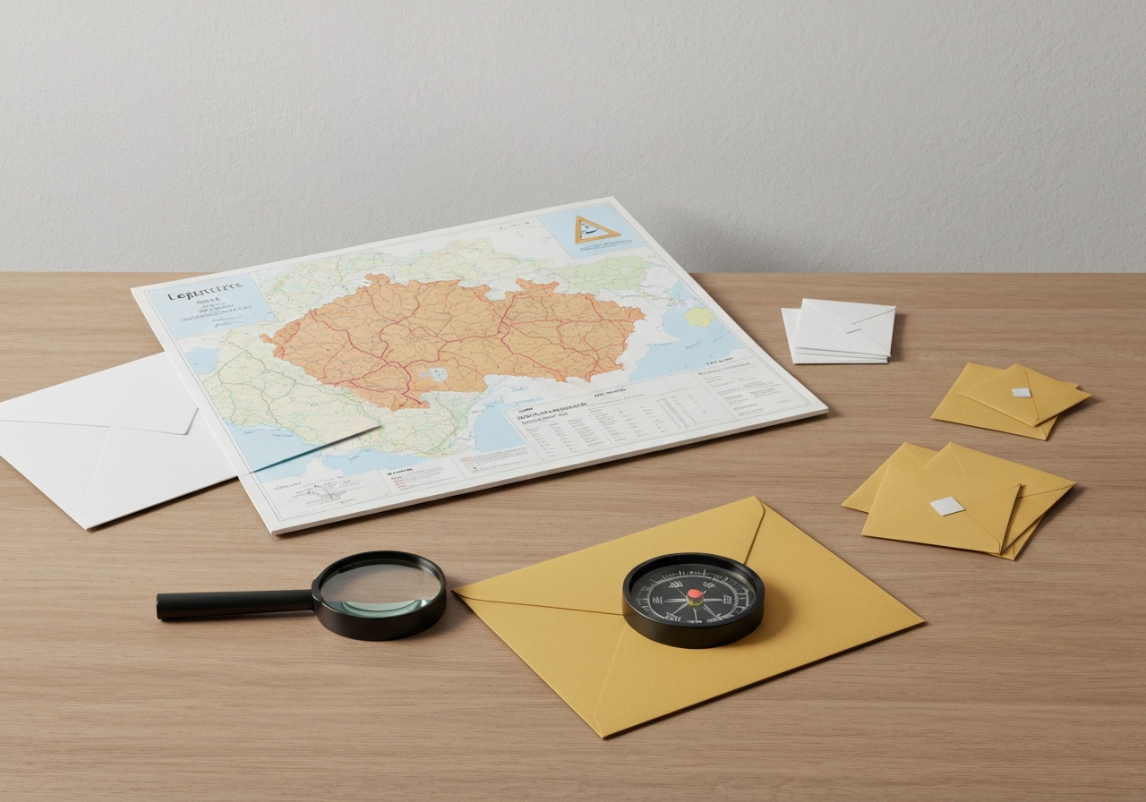 A professional logistics desk with a map of the Czech Republic, magnifying glass, envelopes, and a modern compass, editorial photography, clean and organized workspace, soft natural light, 85mm lens, high quality, no text, no words, no letters