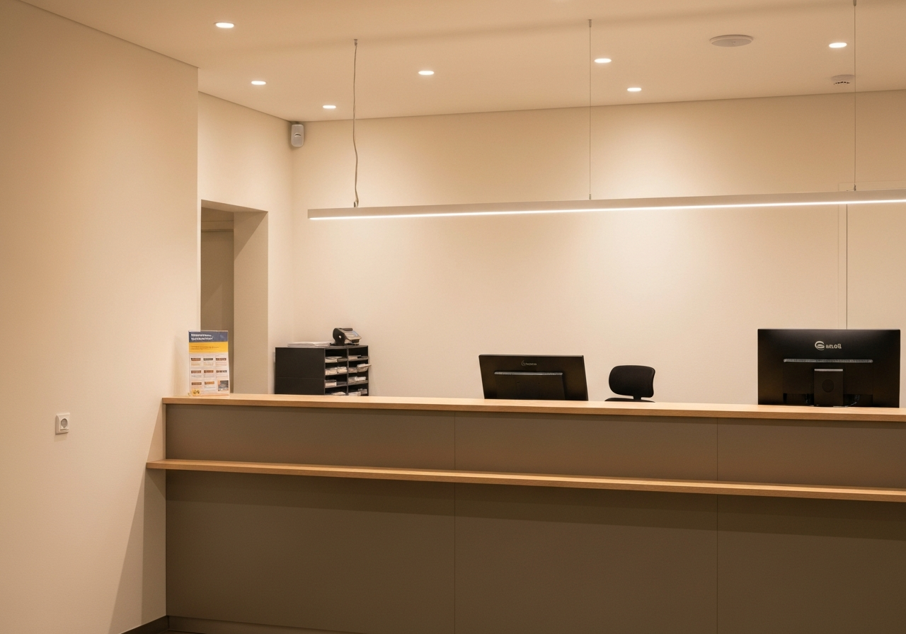 A professional, modern post office service desk in Lázně Bohdaneč, clean interior, minimalist aesthetic, warm soft natural lighting, high-end editorial photography, 85mm lens, depth of field, no text, no words, no letters.