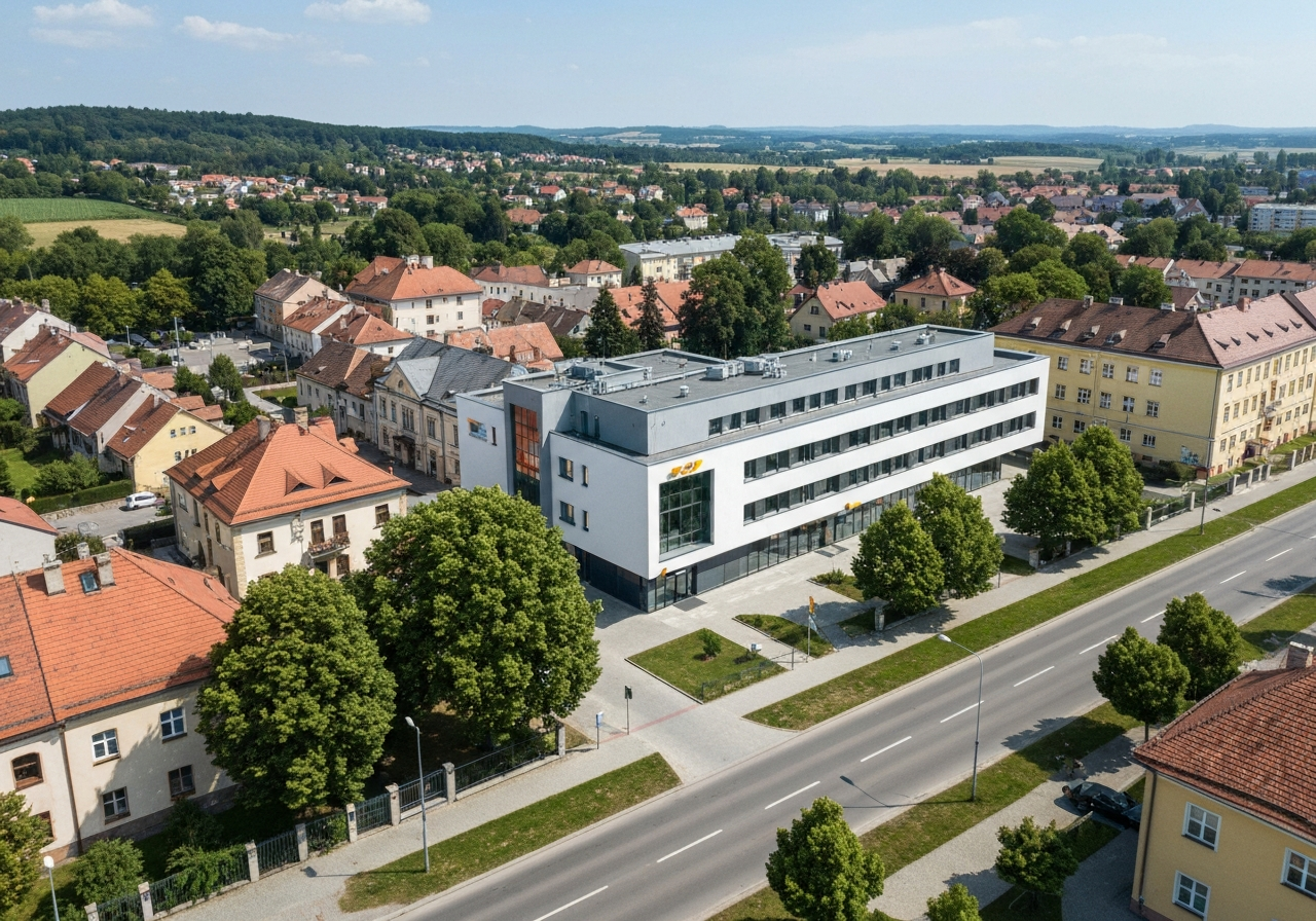 Aerial view of a modern post office building in a picturesque Czech town, surrounded by green trees and clean pavement, editorial photography, wide angle, soft natural daylight, 85mm lens, high quality, no text, no words, no letters