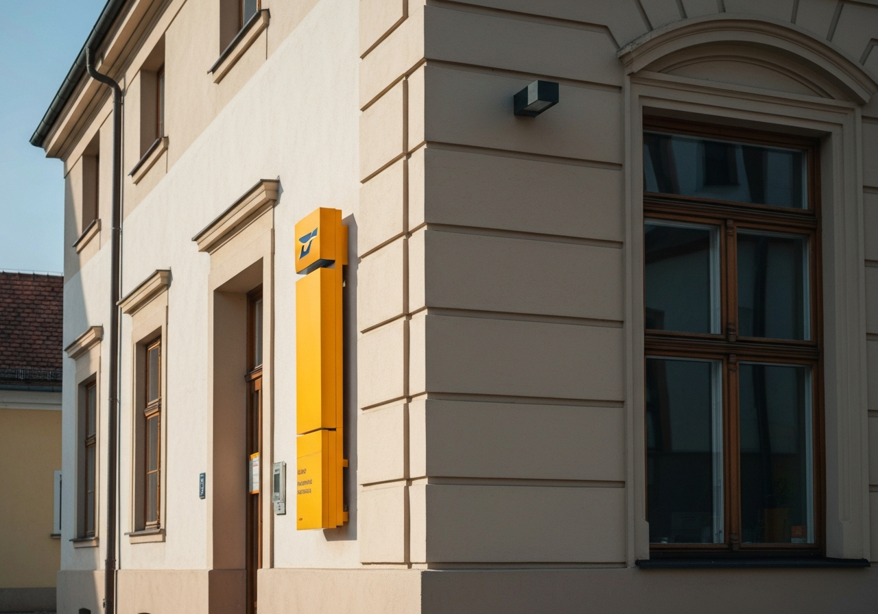 A professional view of the exterior of a Czech post office in Rokycany, historical building architecture, modern signage, soft natural daylight, cinematic editorial photography, 85mm lens, high resolution, no text, no letters