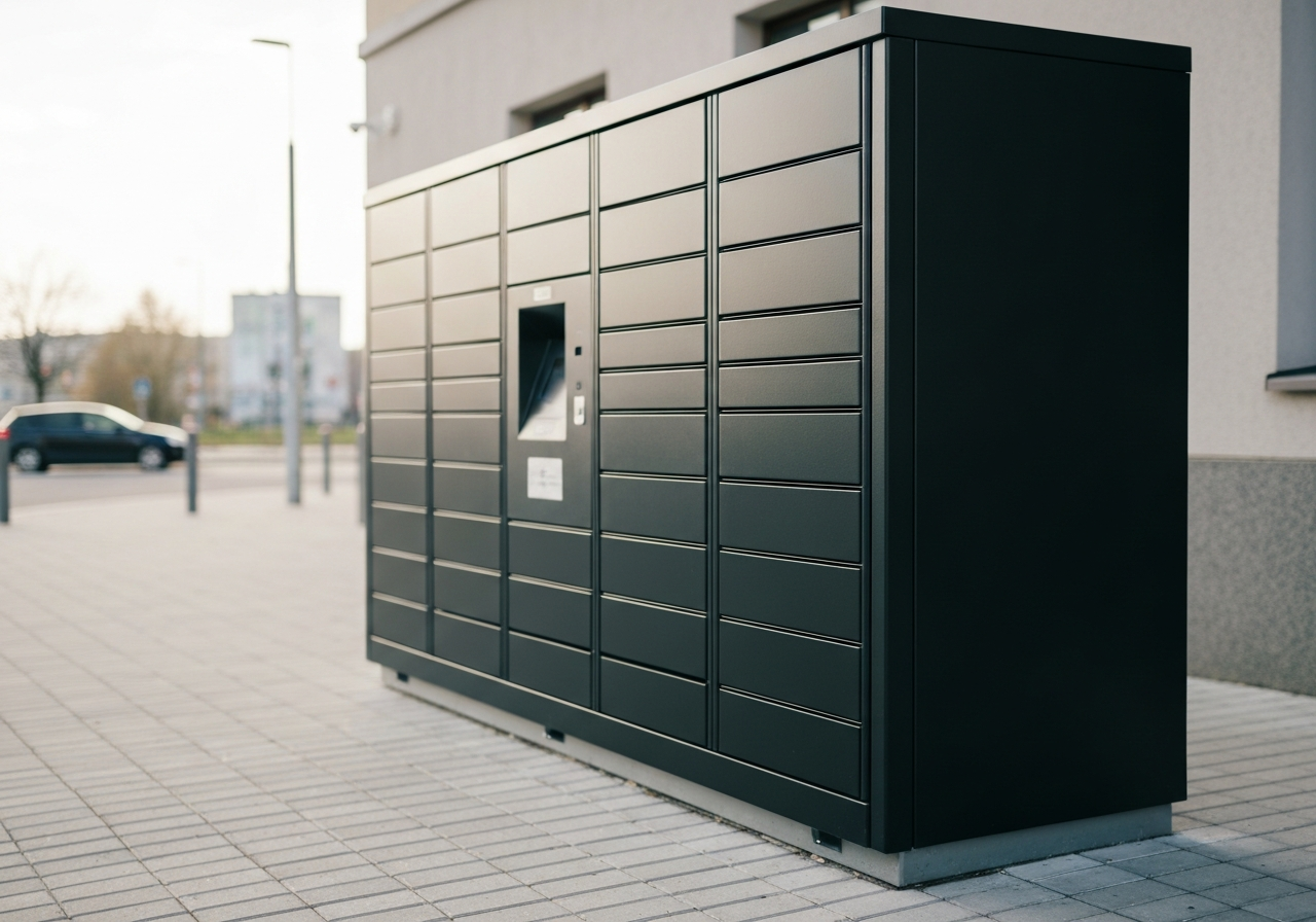 A sleek, modern automated parcel locker station (AlzaBox) situated on a clean, paved urban sidewalk in Plzeňské Předměstí, minimalist design, premium editorial photography, soft natural daylight, shallow depth of field, 85mm lens, no text, no words, no letters.